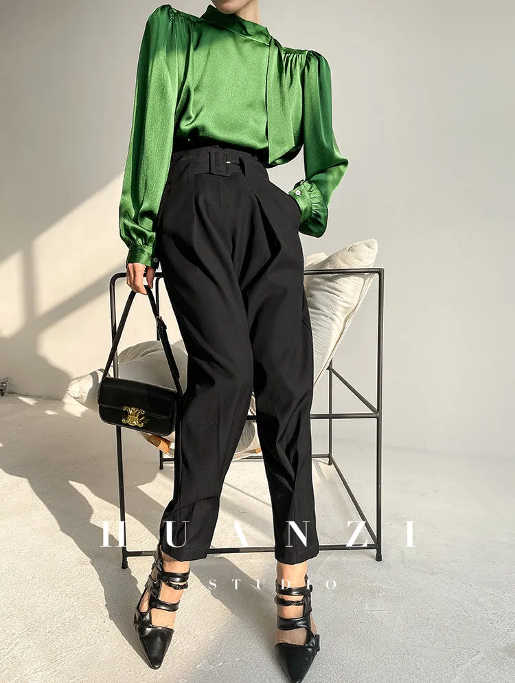 Huanzi new puff sleeves silk satin shirts top blouse - Oitr green