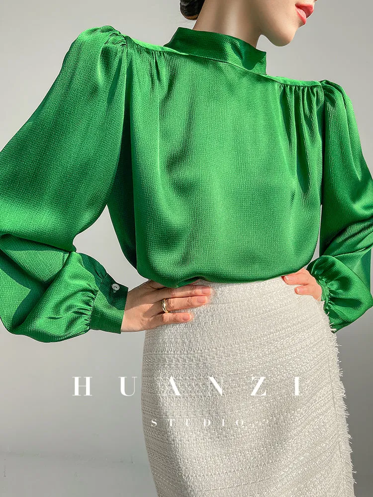 Huanzi new puff sleeves silk satin shirts top blouse - Oitr green