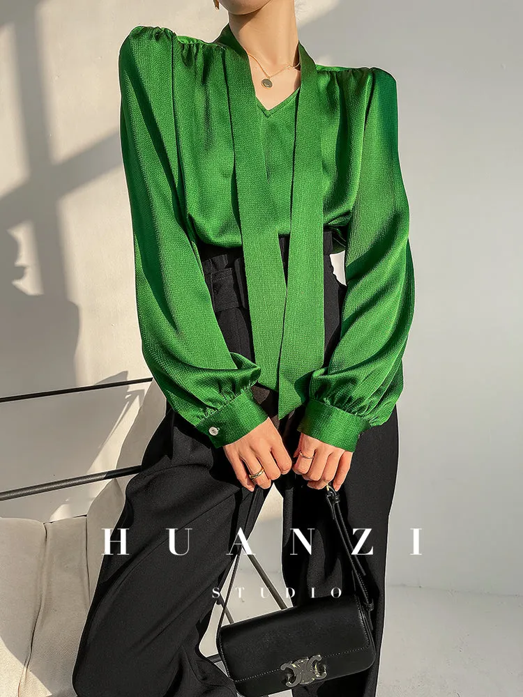 Huanzi new puff sleeves silk satin shirts top blouse - Oitr green