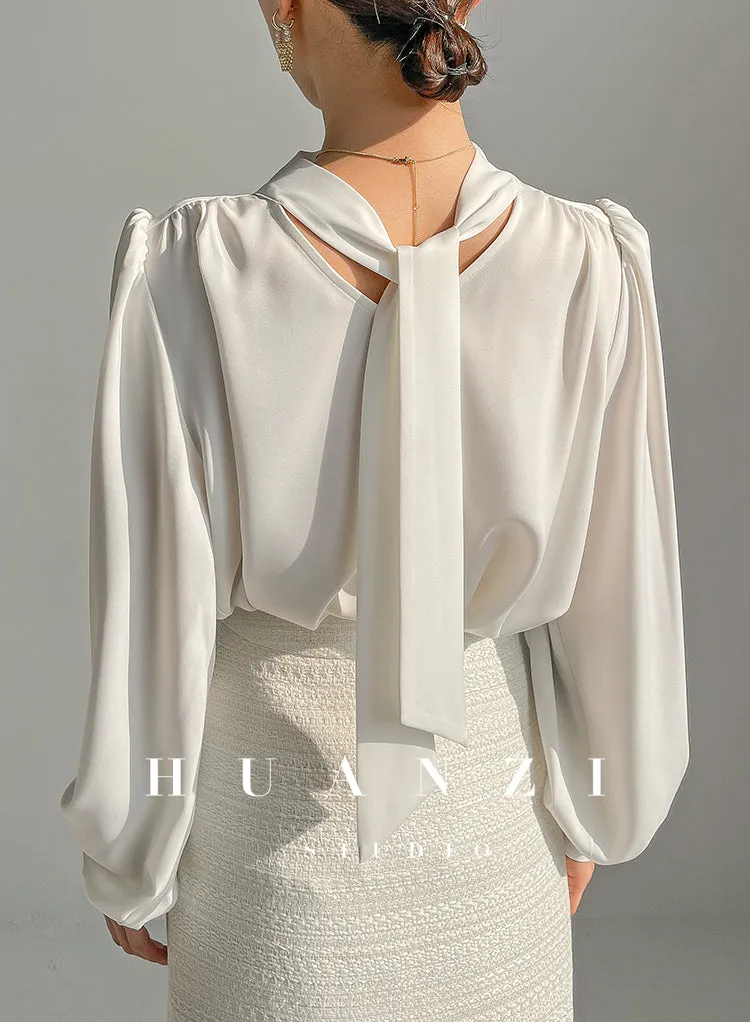 Huanzi new puff sleeves silk satin shirts top blouse - Oitr green