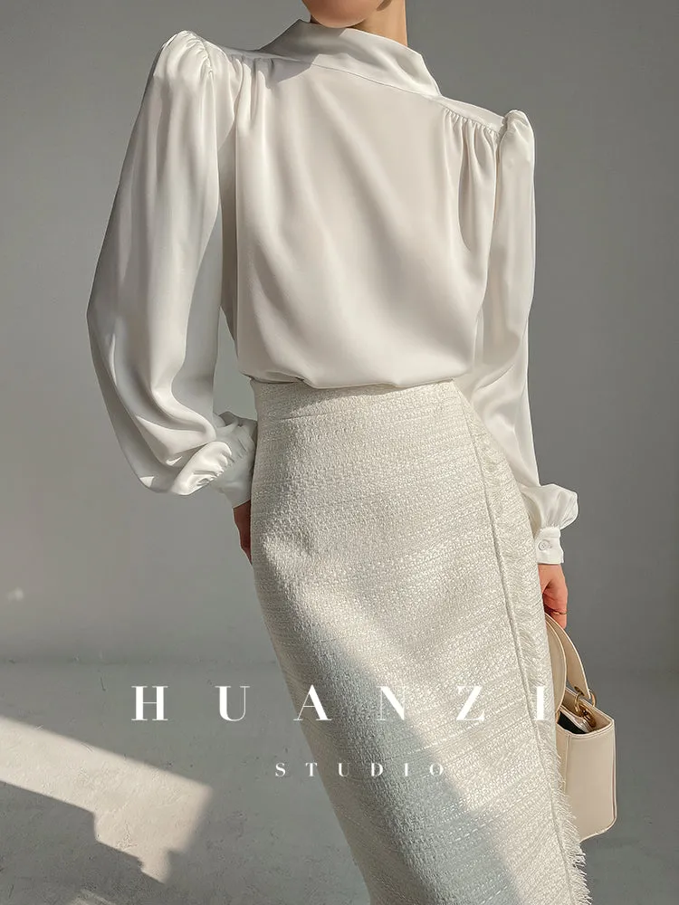 Huanzi new puff sleeves silk satin shirts top blouse - Oitr green