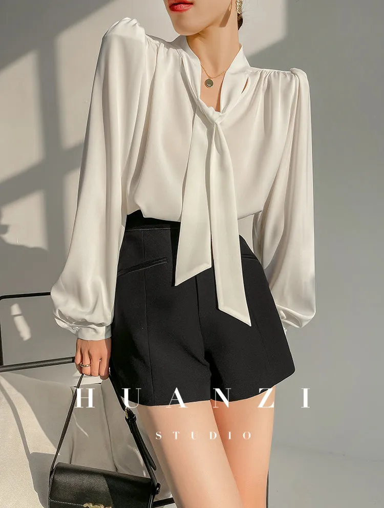 Huanzi new puff sleeves silk satin shirts top blouse - Oitr green