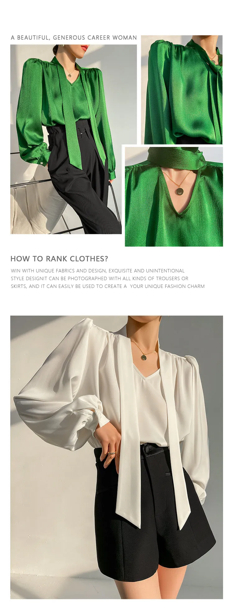 Huanzi new puff sleeves silk satin shirts top blouse - Oitr green