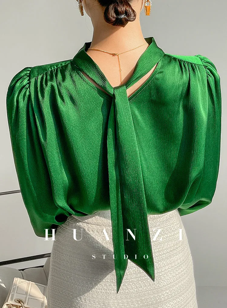 Huanzi new puff sleeves silk satin shirts top blouse - Oitr green