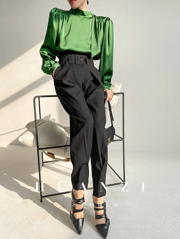 Huanzi new puff sleeves silk satin shirts top blouse - Oitr green
