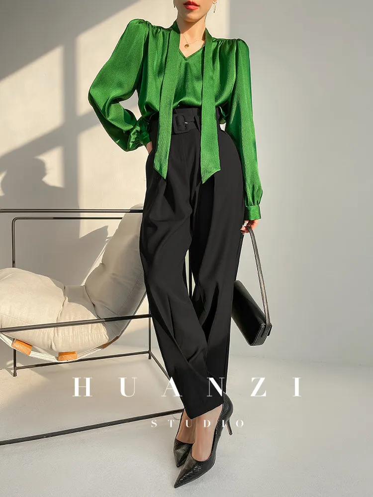 Huanzi new puff sleeves silk satin shirts top blouse - Oitr green