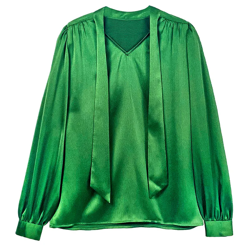 Huanzi new puff sleeves silk satin shirts top blouse - Oitr green