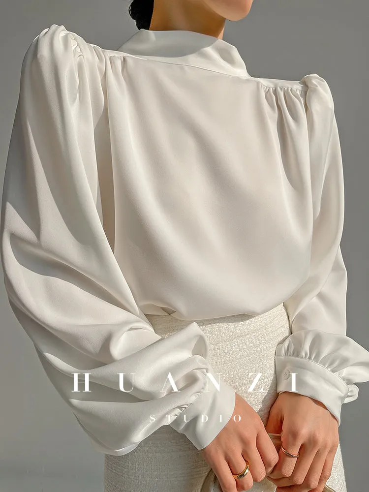Huanzi new puff sleeves silk satin shirts top blouse - Oitr green