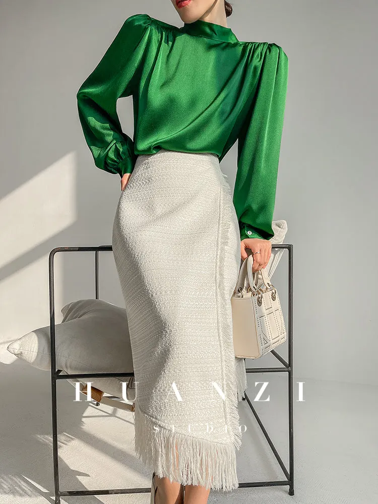 Huanzi new puff sleeves silk satin shirts top blouse - Oitr green