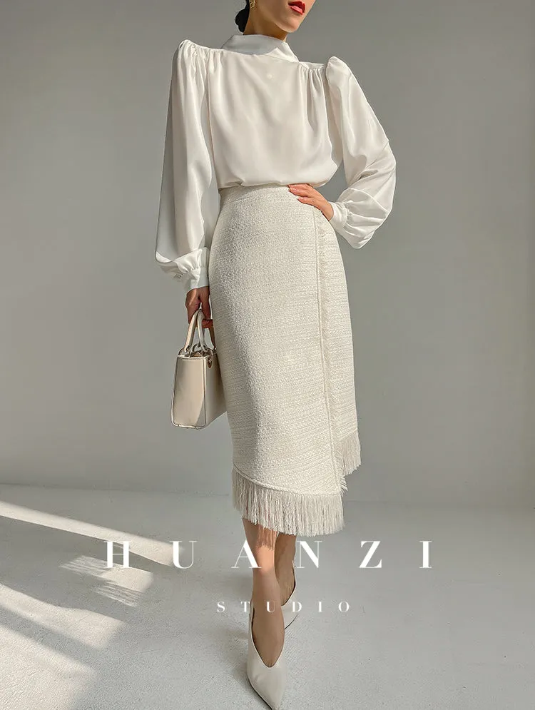 Huanzi new puff sleeves silk satin shirts top blouse - Oitr green