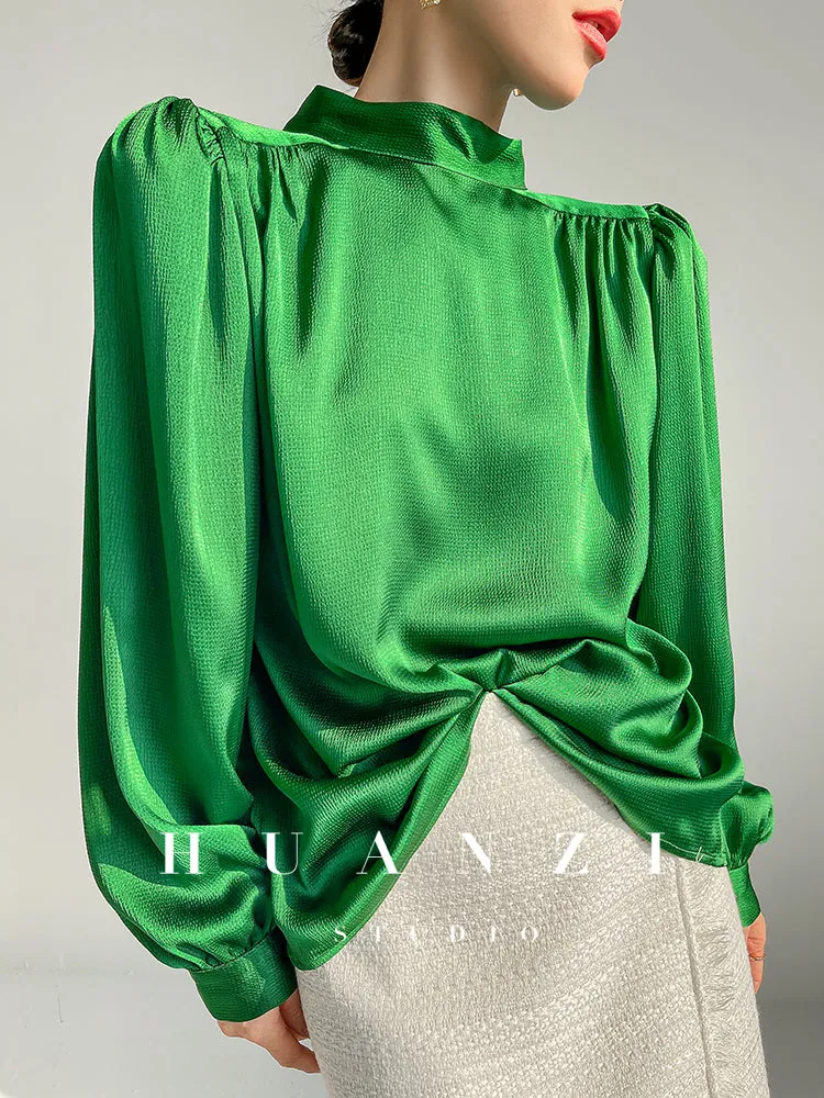 Huanzi new puff sleeves silk satin shirts top blouse - Oitr green