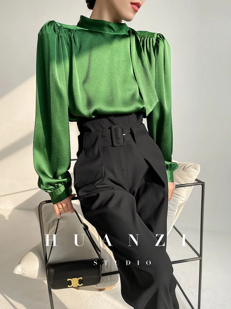 Huanzi new puff sleeves silk satin shirts top blouse - Oitr green