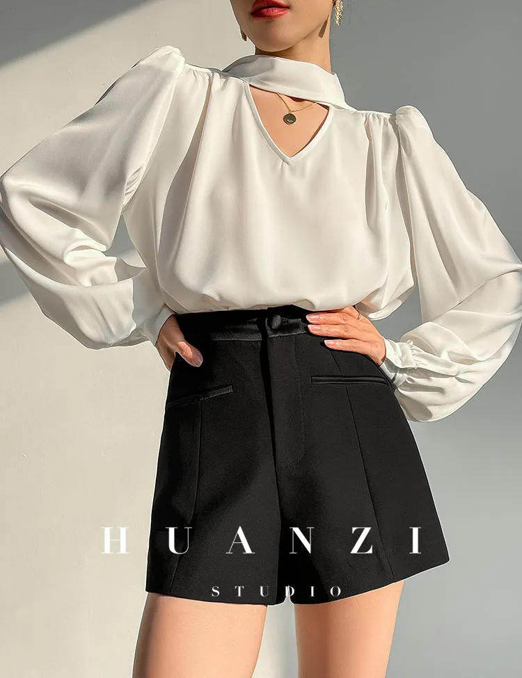 Huanzi new puff sleeves silk satin shirts top blouse - Oitr green
