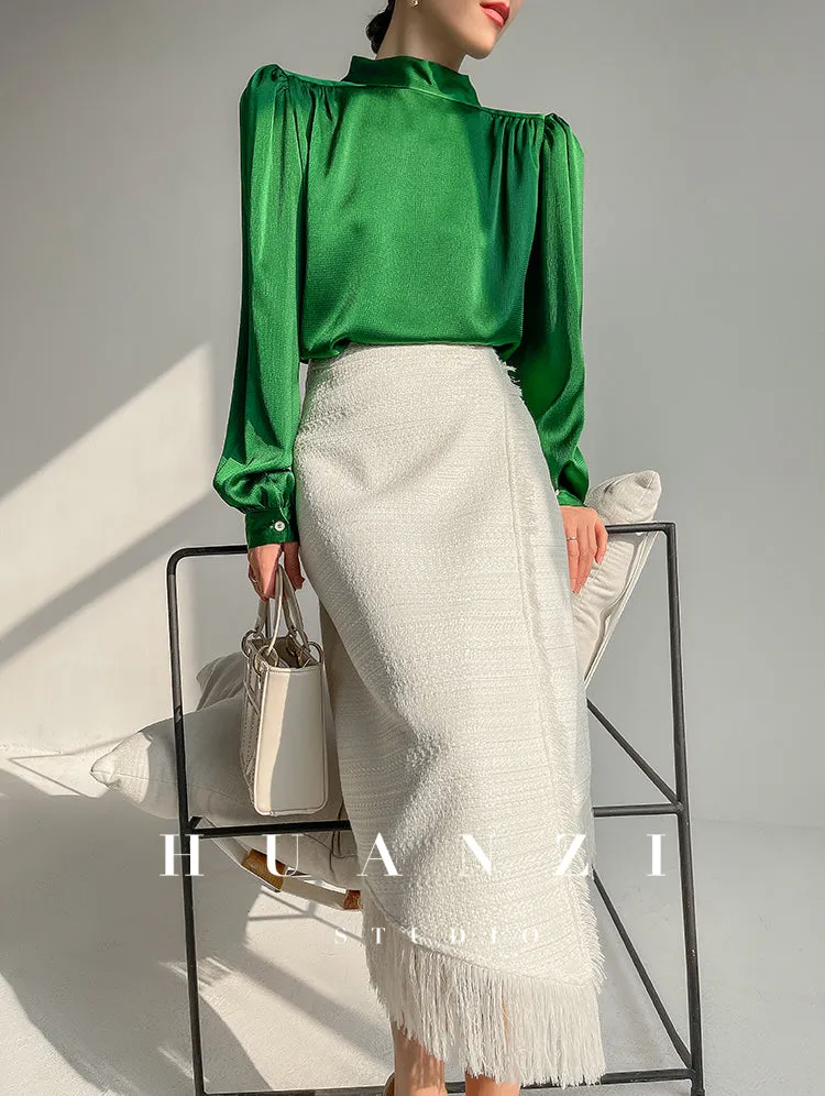 Huanzi new puff sleeves silk satin shirts top blouse - Oitr green