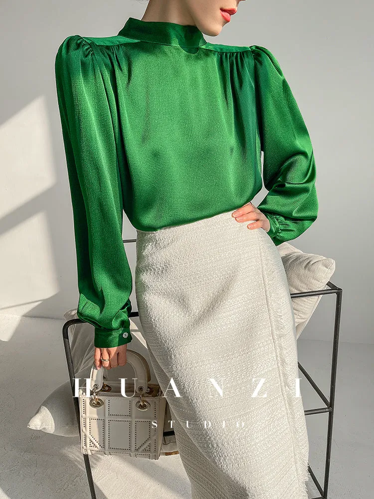 Huanzi new puff sleeves silk satin shirts top blouse - Oitr green