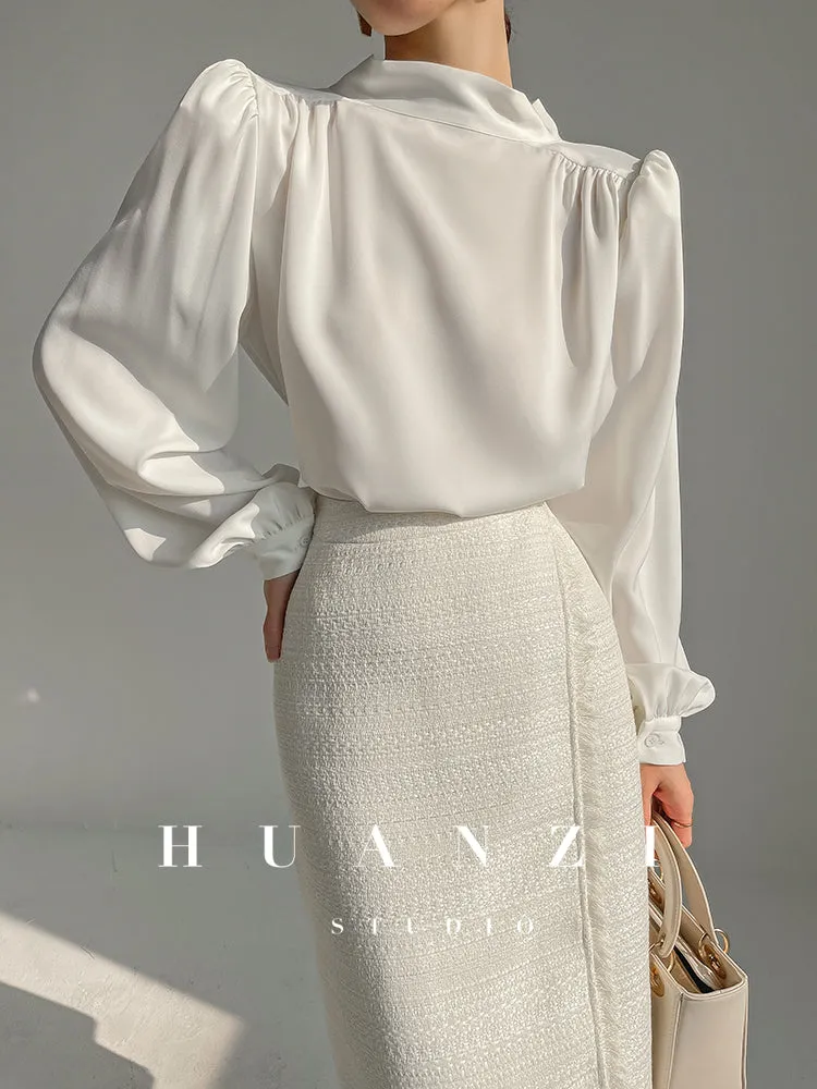 Huanzi new puff sleeves silk satin shirts top blouse - Oitr green