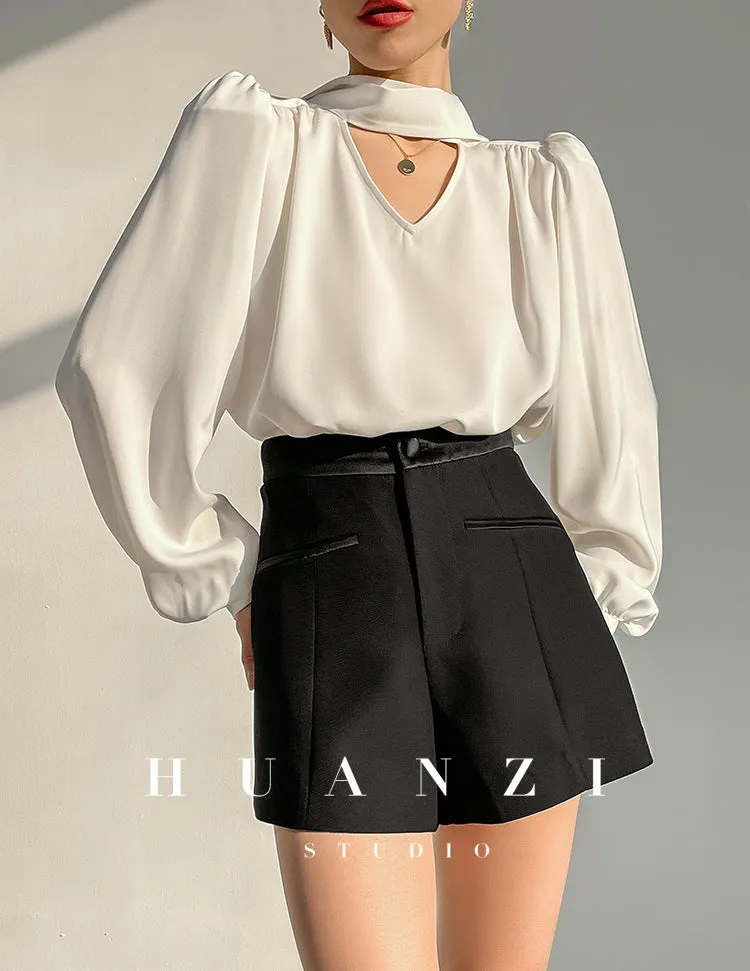 Huanzi new puff sleeves silk satin shirts top blouse - Oitr green