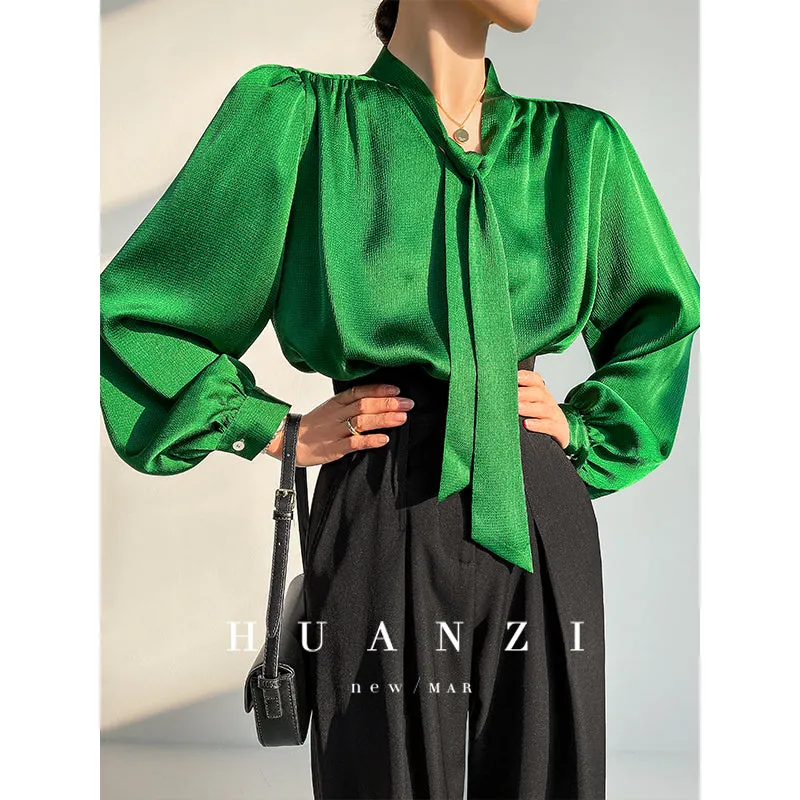Huanzi new puff sleeves silk satin shirts top blouse - Oitr green