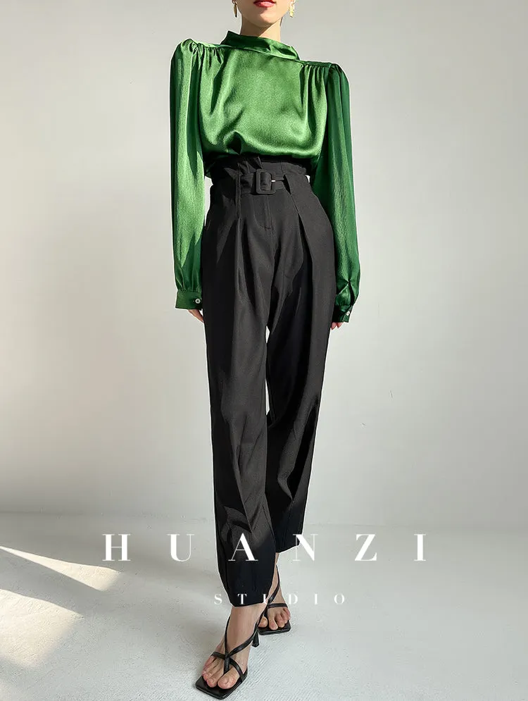 Huanzi new puff sleeves silk satin shirts top blouse - Oitr green
