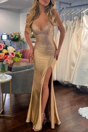 Jean | Sexy Mermaid V Neck Gold Satin Slit Prom Dress with Hot Stone