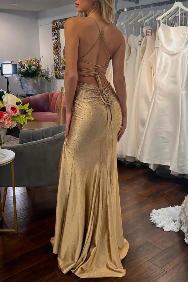 Jean | Sexy Mermaid V Neck Gold Satin Slit Prom Dress with Hot Stone