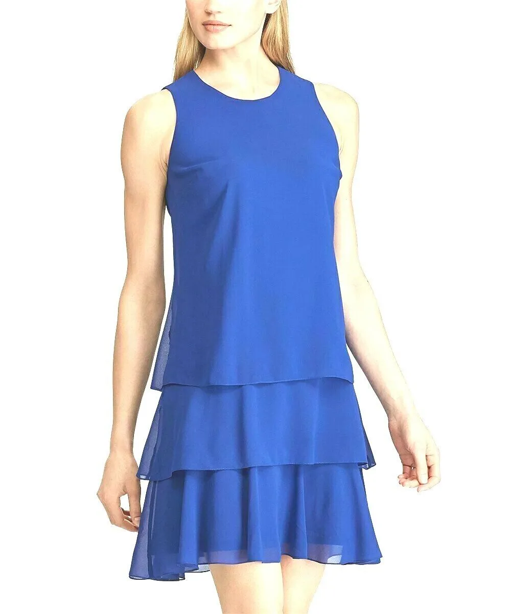 LAUREN RALPH LAUREN Georgette Blue Tiered Sleeveless Shift Dress