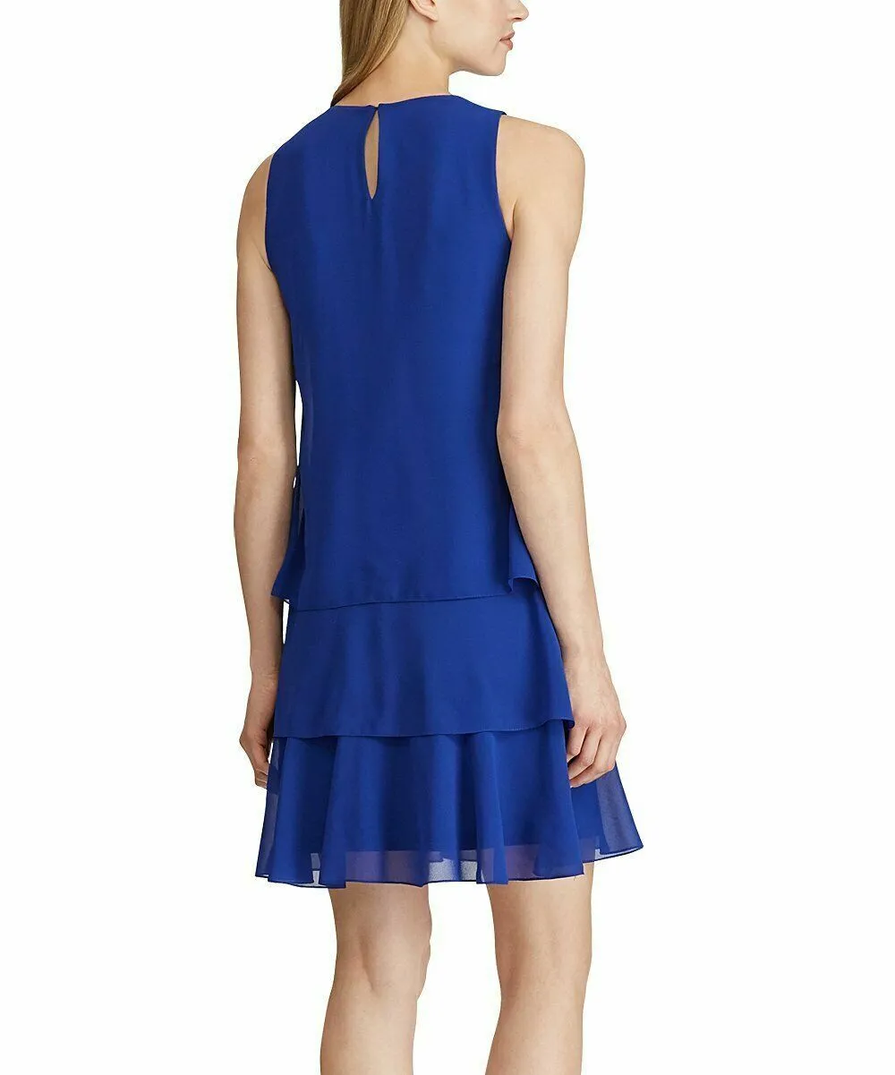 LAUREN RALPH LAUREN Georgette Blue Tiered Sleeveless Shift Dress