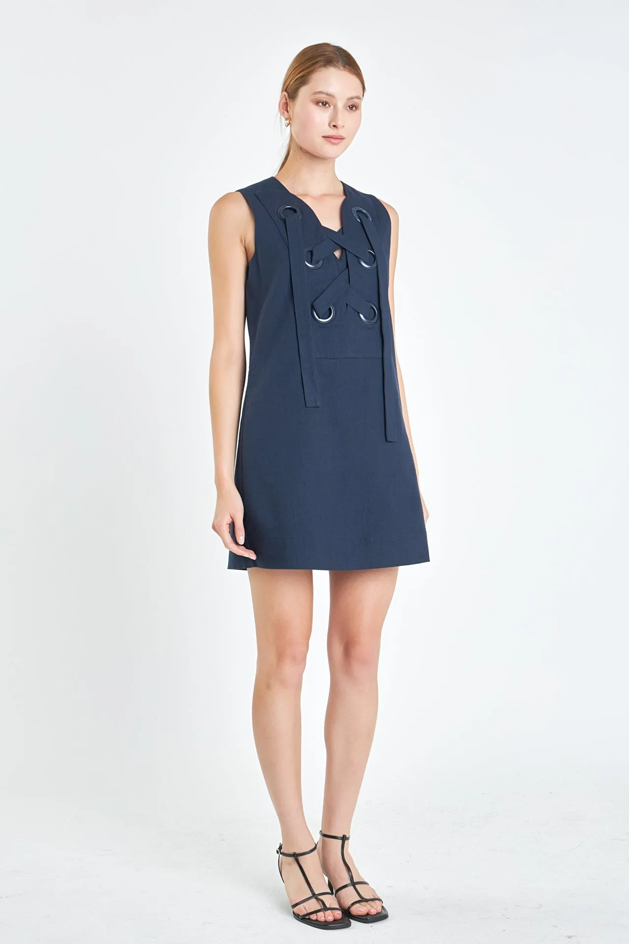 Linen Lace Up Front Dress