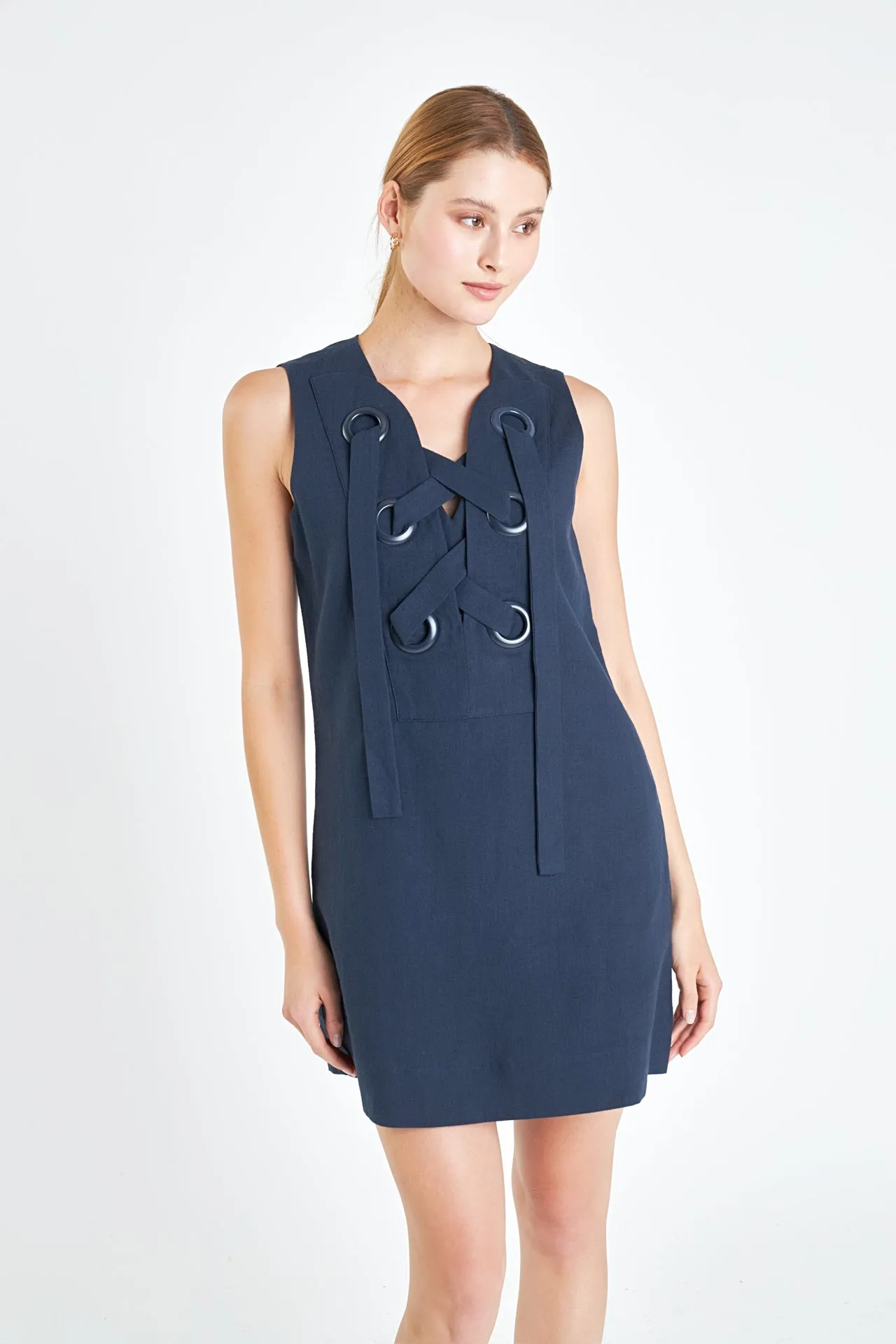 Linen Lace Up Front Dress