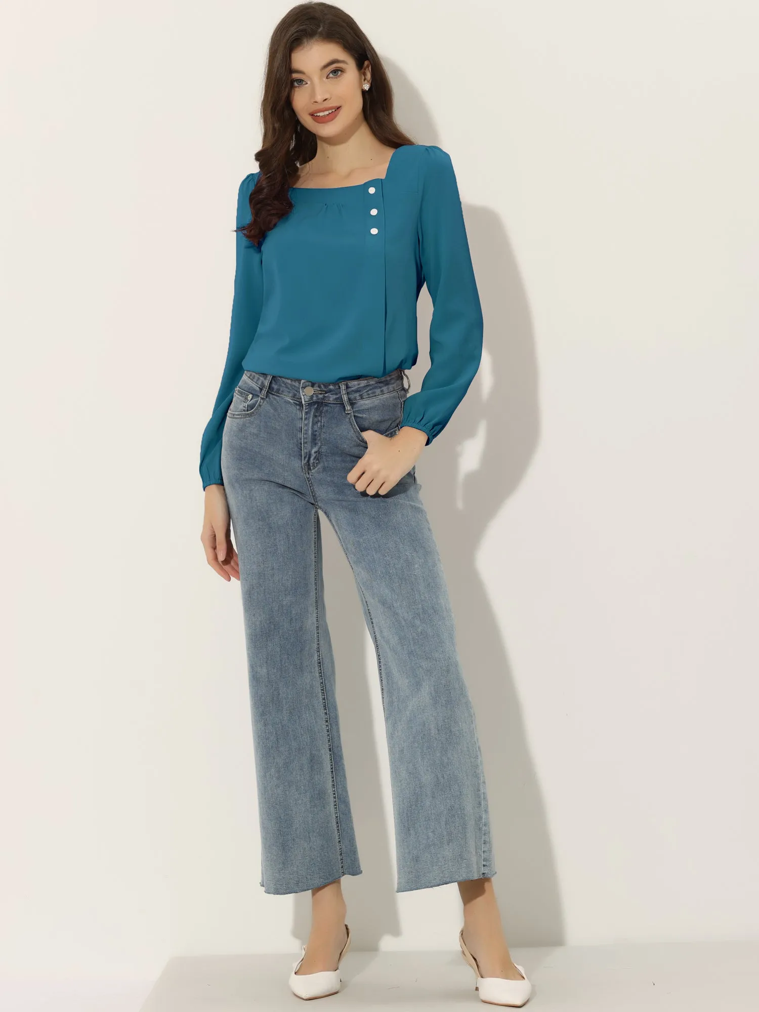 Long Sleeve Casual Solid Square Neck Top