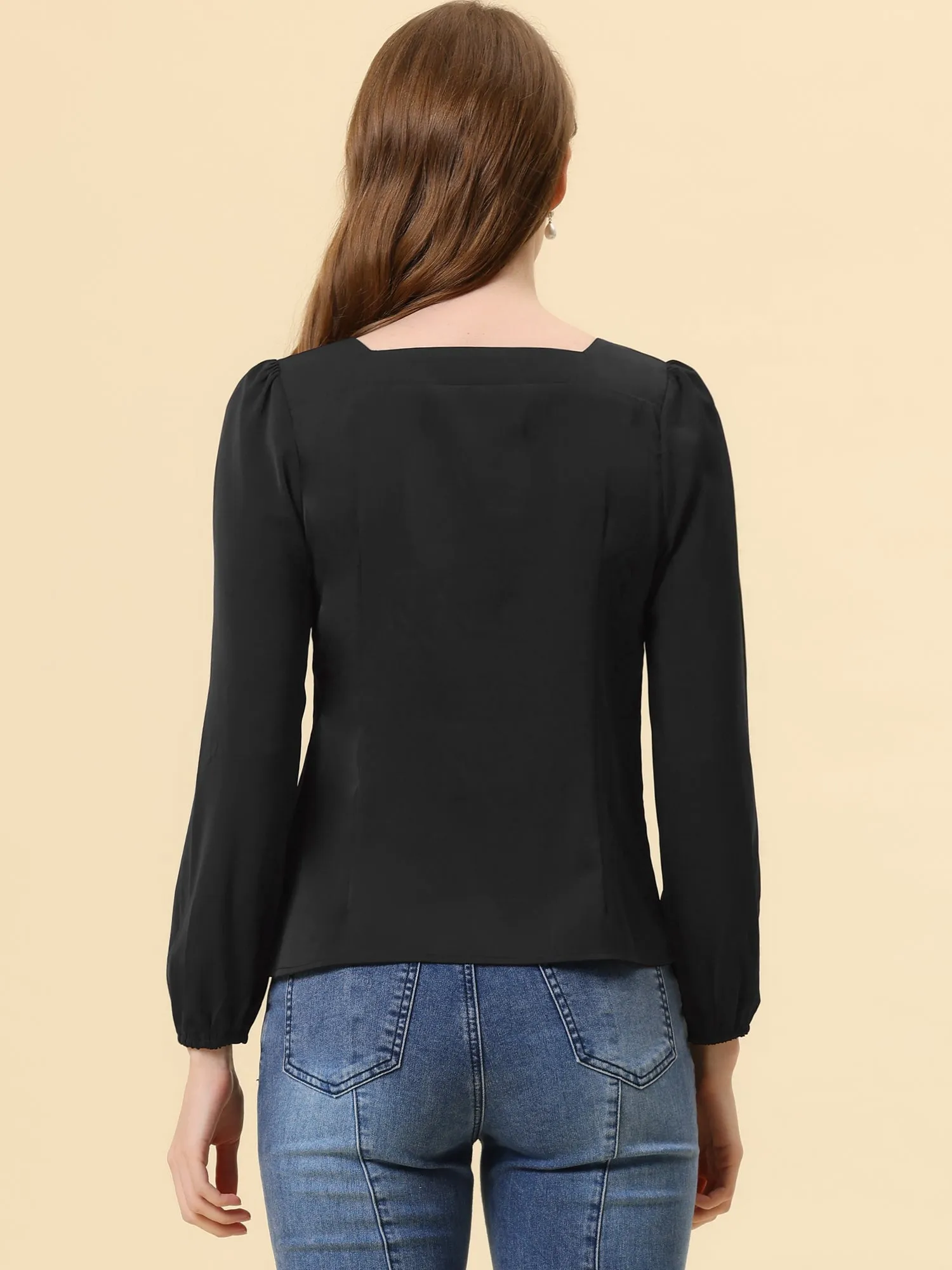 Long Sleeve Casual Solid Square Neck Top