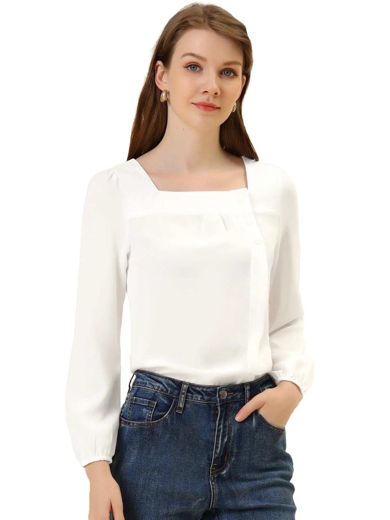 Long Sleeve Casual Solid Square Neck Top