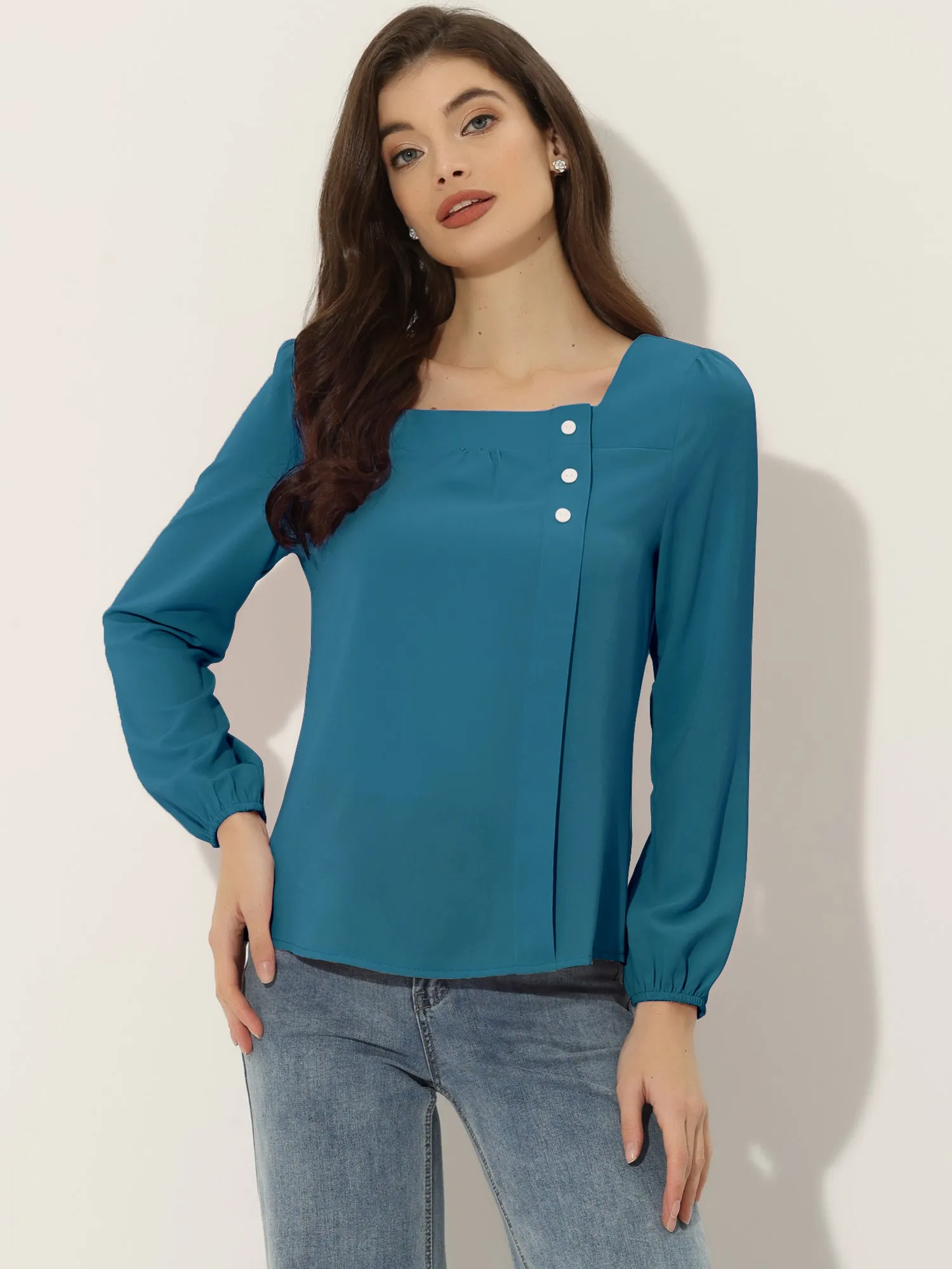 Long Sleeve Casual Solid Square Neck Top