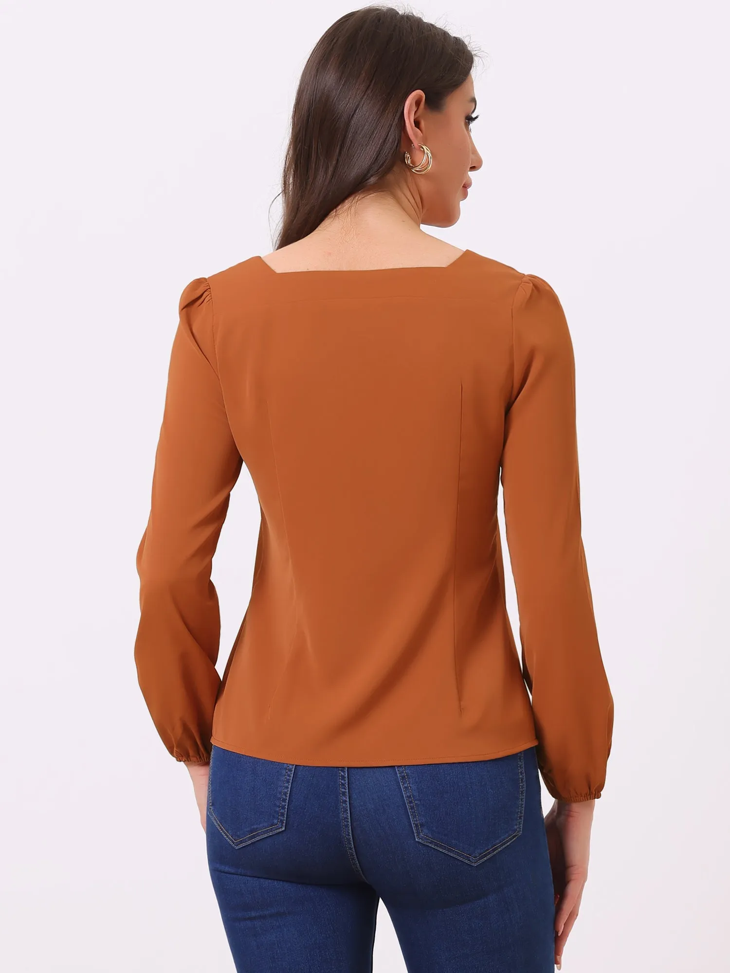 Long Sleeve Casual Solid Square Neck Top