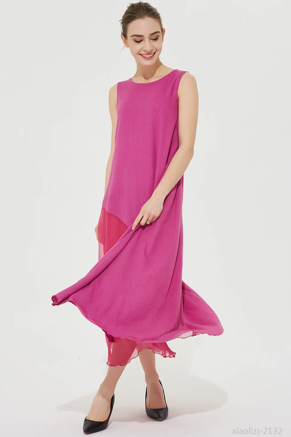 loose fitting sleeveless dress, summer linen dress 2132