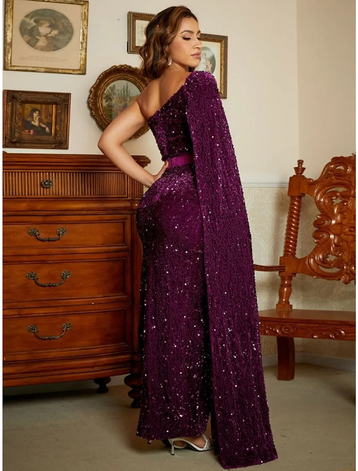 Mermaid / Trumpet Evening Gown Elegant Dress Formal Ankle Length Sleeveless One Shoulder Sequined with Glitter Slit