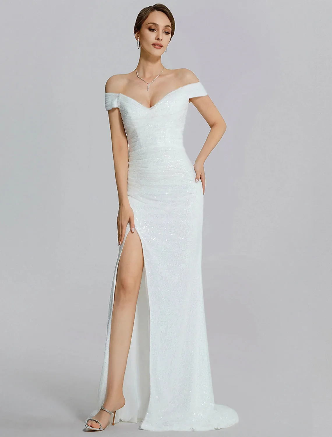 Mermaid / Trumpet Evening Gown Sparkle Dress Wedding Black Tie Floor Length Short Sleeve Off Shoulder Sequined with Slit