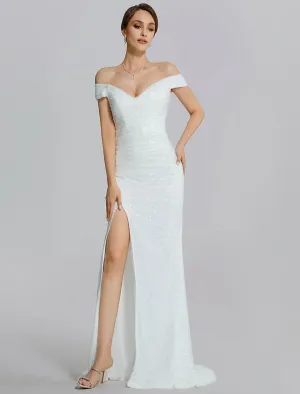 Mermaid / Trumpet Evening Gown Sparkle Dress Wedding Black Tie Floor Length Short Sleeve Off Shoulder Sequined with Slit