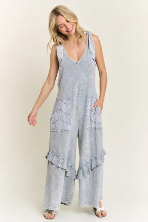 Mineral Wash Jumpsuit with Eyelet Pockets and Ruffles