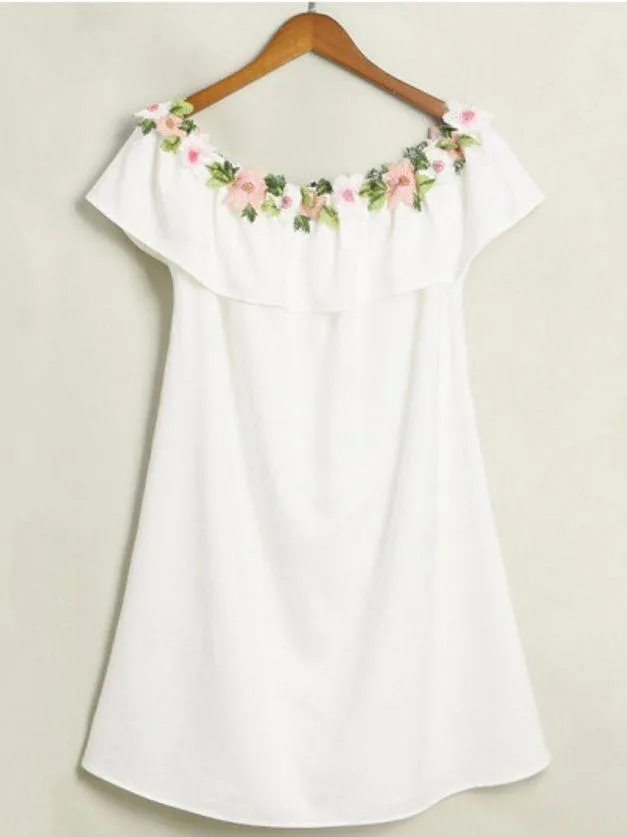 Mommy And Me Family Fitted Floral Flower Embroidery Off Shoulder Dress White And Pink