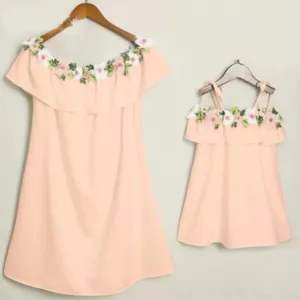 Mommy And Me Family Fitted Floral Flower Embroidery Off Shoulder Dress White And Pink