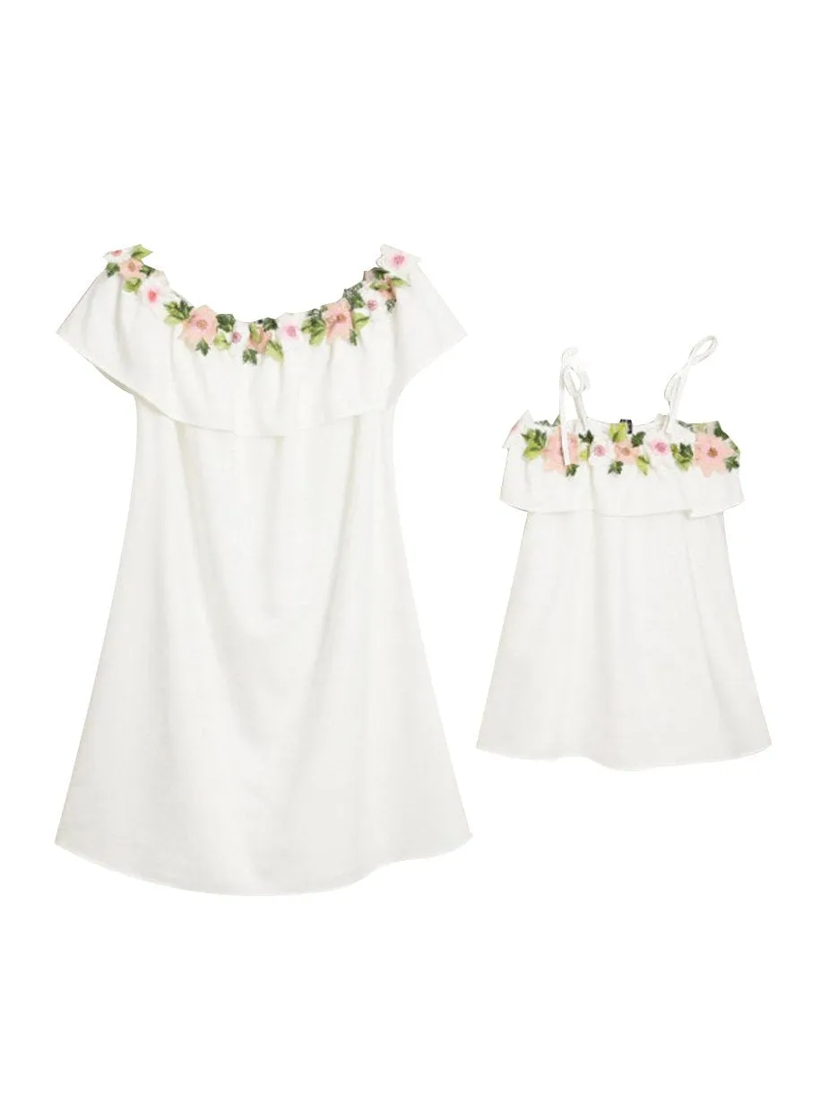 Mommy And Me Family Fitted Floral Flower Embroidery Off Shoulder Dress White And Pink