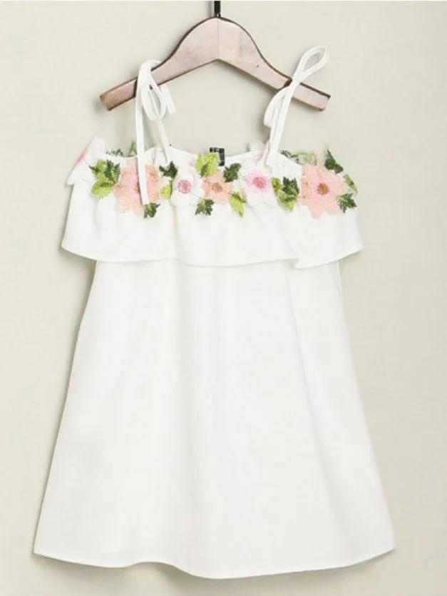 Mommy And Me Family Fitted Floral Flower Embroidery Off Shoulder Dress White And Pink