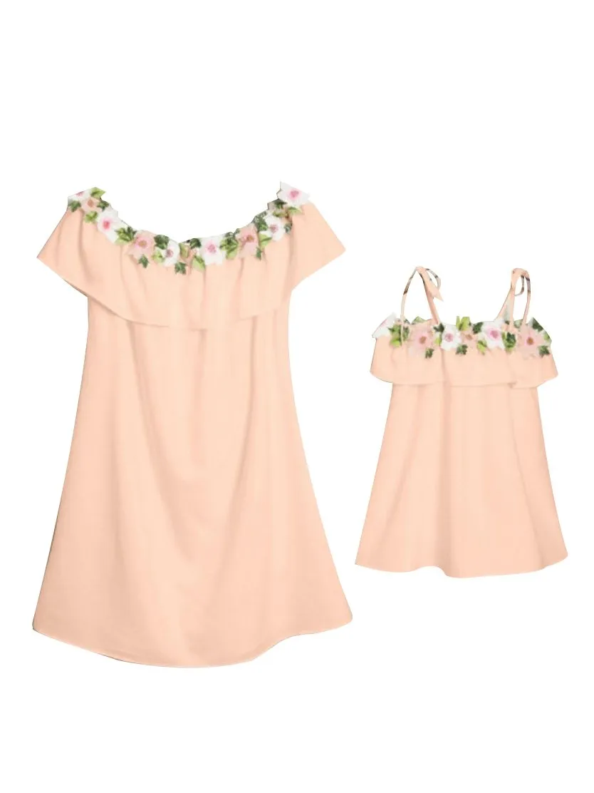 Mommy And Me Family Fitted Floral Flower Embroidery Off Shoulder Dress White And Pink