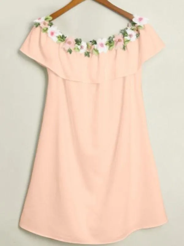 Mommy And Me Family Fitted Floral Flower Embroidery Off Shoulder Dress White And Pink