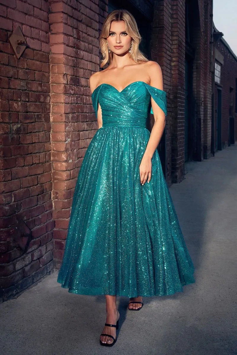 OFF THE SHOULDER GLITTER TEA LENGTH DRESS CDCD870