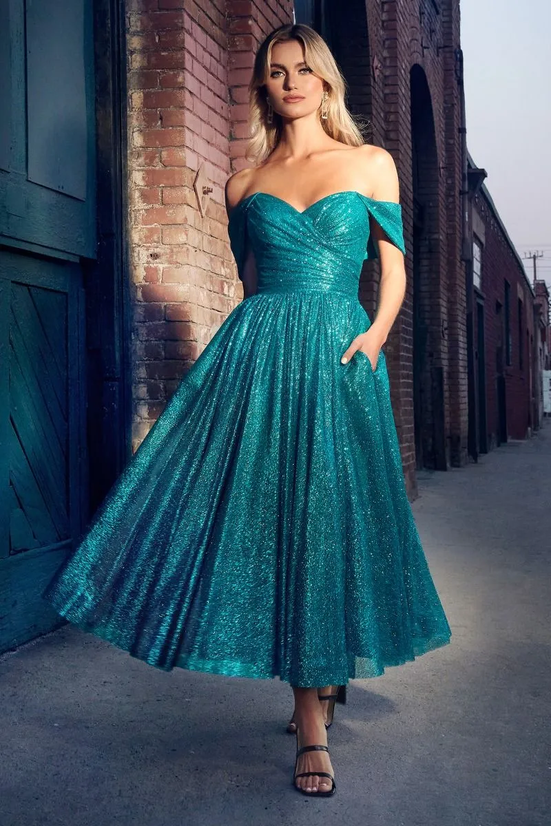 OFF THE SHOULDER GLITTER TEA LENGTH DRESS CDCD870