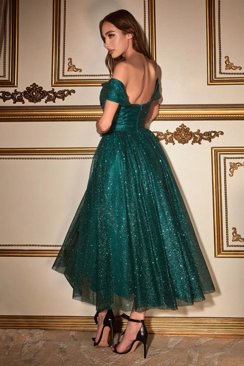 OFF THE SHOULDER GLITTER TEA LENGTH DRESS CDCD870
