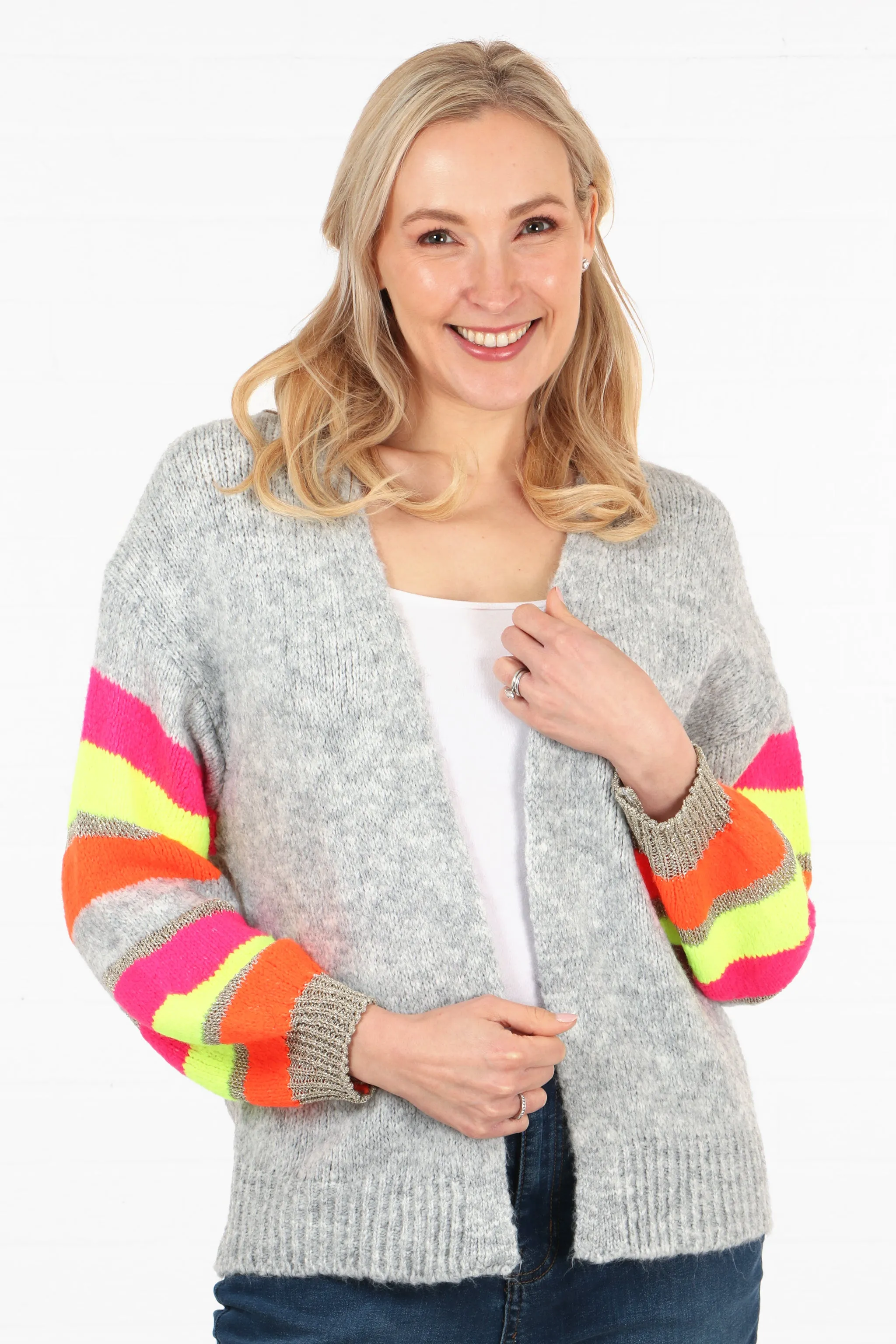 Open Front Wool Blend Balloon Sleeve Cardigan in Light Grey