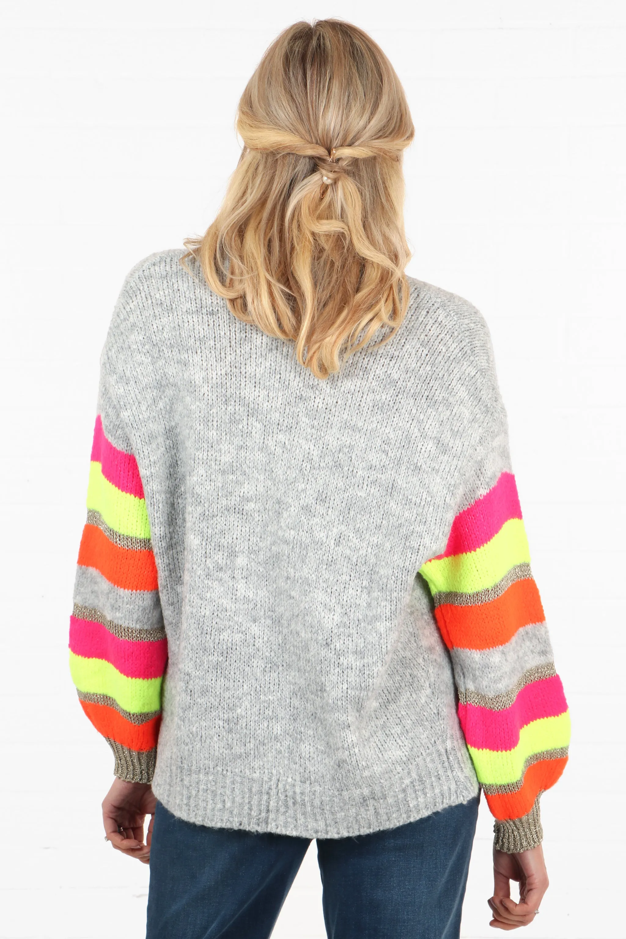 Open Front Wool Blend Balloon Sleeve Cardigan in Light Grey